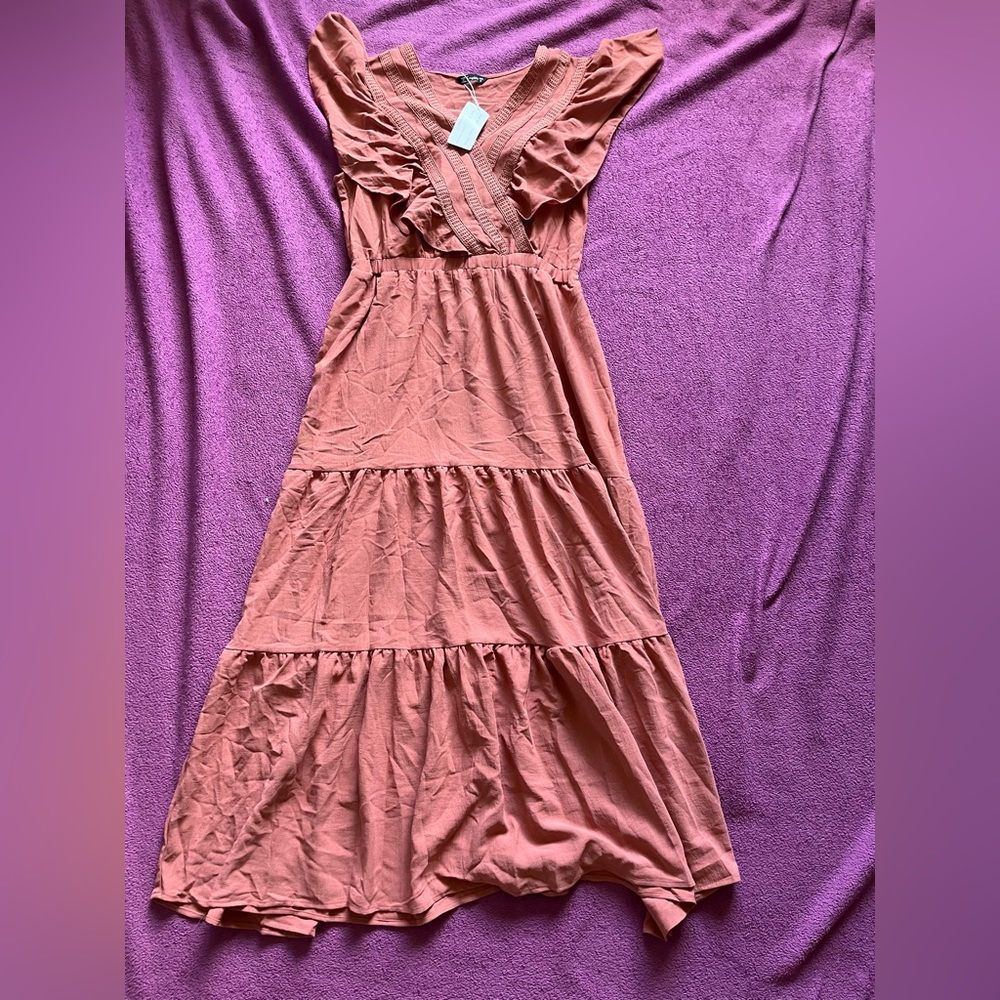 Womens Small Dusty Rose Pink Tiered Short Sleeve Maxi Dress NWT